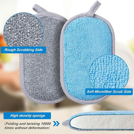 Dual-Sided Multi-Purpose Scrub Sponges, Non-Scratch Dishwashing Sponges for Kitchen, Reusable Microfiber Sponge for Efficiently Cleaning Dishes, High Density Sponge Inside (6 Pack, Large) Gray