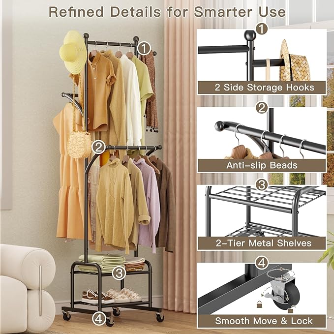 Rolling Clothes Rack with 2 Metal Shelves, 71" Portable Clothing Rack with Wheels, Small Garment Rack with 2 Side Hanging Rods, Freestanding Coat Rack for Laundry Room, Bedroom, Black