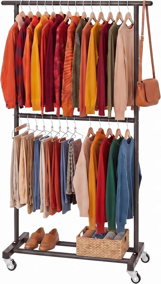 Sywhitta Double Rod Clothing Garment Rack, Rolling Clothes Organizer on Wheels for Hanging Clothes, Easy to Assemble, Adjustable, Black