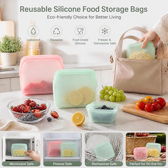 STHF Everbag Reusable Silicone Food Storage Bags — Leak‑Proof, Upright Freezer & Sous‑Vide Safe, Odor‑Proof, High‑Temperature Resistant Food Storage Bags (rectangle)