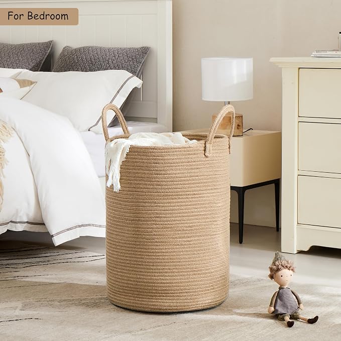 80L Large Jute Woven Laundry Hamper Tall Wicker Laudnry Basket | Rope Clothes Hamper Boho Blanket Basket in Living Room Bedroom 16"D x 22"H Extra Large
