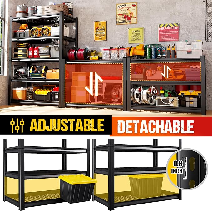 Set of 5 Garage Shelving Heavy Duty Storage Shelves, Adjustable Metal Shelving Unit, Utility Garage Organizer Shelf for Basement, Pantry, Warehouse, Supermarket, 35.4" Wx15.7 Dx71.2 H,Black