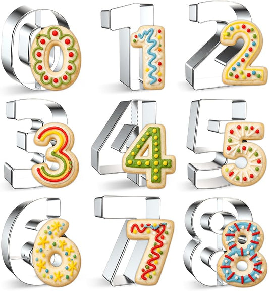 FUSOTO 9PCS Number Cookie Cutters Set, Birthday Numbers 0-8(6 Reverses to 9), Stainless Steel Cookie Cutters for Baking, Number Shaped Baking Tool for Homemaking Biscuits, Cookie, Dough