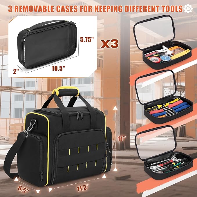 Marscamd Tool Bag with 3 Removable Cases, 2 Layers Tool Tote for Hand Tools, Black with Yellow Binding