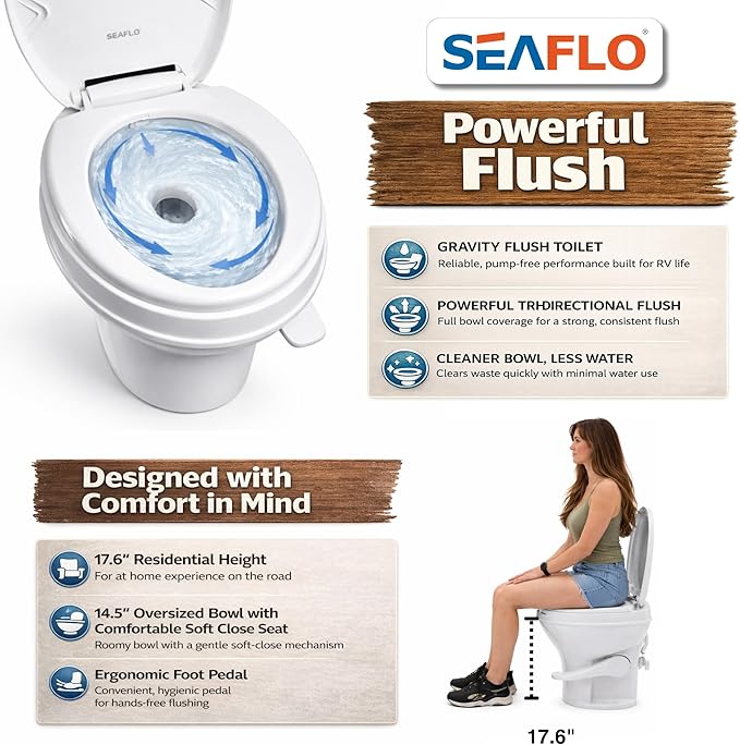 SEAFLO RV Toilet, Residential Height 18.4", Gravity Flush Foot Pedal, Soft Close Seat, Camper Toilet for RV Motorhome Travel Trailer, White, SFRTPH-01-01, 4-Year Warranty