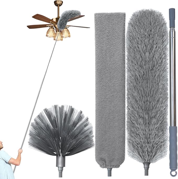 100" Microfiber Feather Dusters for Cleaning, Cobweb Duster with Extension Pole, Spider Web Brush & Ceiling Cleaning Tools, Dust Remover Set for Cleaning High Ceilings, Furniture, Ceiling Fan, Blinds