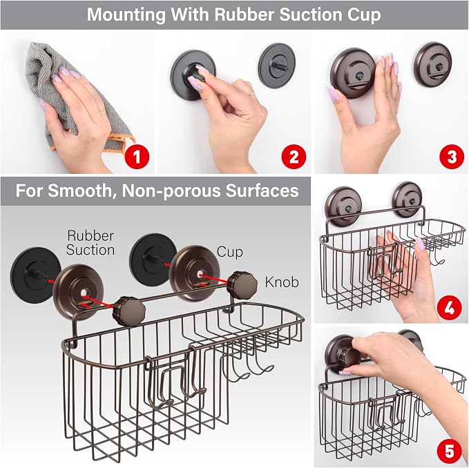 HASKO 2 Pack Shower Caddy Suction Cup with Hooks & Soap holder, Includes 2 Soap Savers, Shower Shelf, Bathroom Storage Organizer, Rustproof Shampoo Holder, Bronze