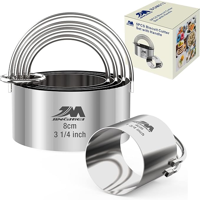 5 Pieces Circle Biscuit Cutter,Professional Stainless Steel Round Cookies Mold Tool with Handle for Baking GIFT Package