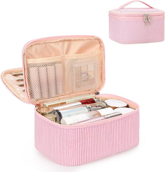Relavel Large Makeup Bag, Portable Pink Cosmetic Bag for Girls, Dual-layer Makeup Pouch with Brush Holder, Multi-Functional Preppy Toiletry Organizer for Travel, Daily Use - Pink Strip