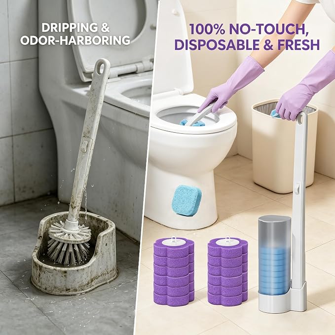 Disposable Toilet Brush, All-in-One Toilet Cleaning Kit - with 18 Refills, 12 Extended Cleaning Gloves &12 Deep Clean Tablets - No Touch Bathroom Wand, Zero-Touch Cleaning System for Home & Apartment