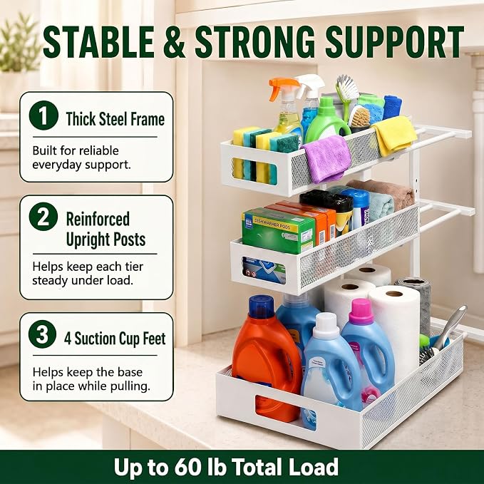 3 Tier Under Sink Organizer,1 Pack Pull Out Cabinet Shelves with Adjustable Height,Heavy Duty Carbon Steel L-Shaped Storage for Kitchen Bathroom Sink,Pantry & Laundry,White