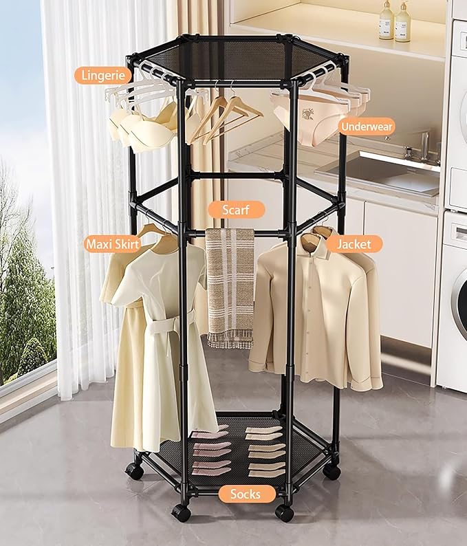 Clothes Rack with Wheels, Hexagonal Rolling Clothing Rack for Hanging Clothes, Clothes Drying Rack, Freestanding Garment Rack for Balcony, Living Room,Black,2 Tiers