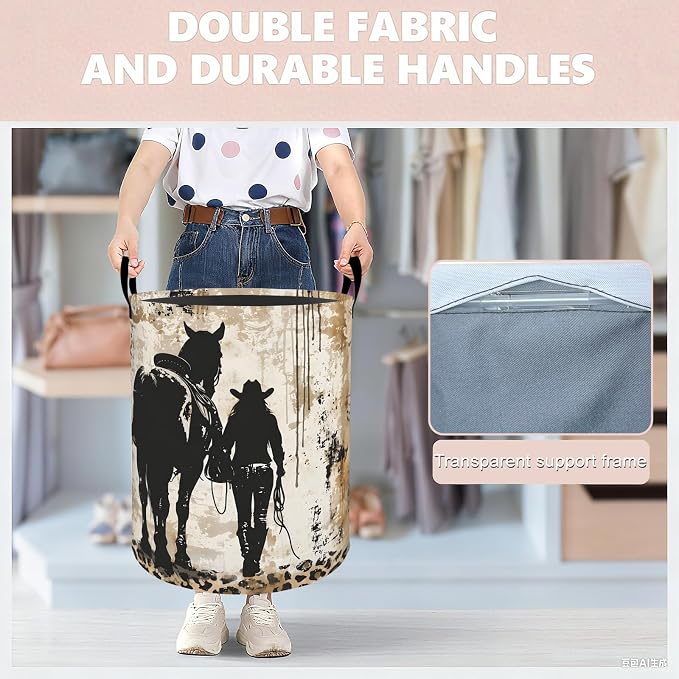 Western Cowgirl Horse Laundry Basket Hamper 19.7"x15.8", Organizer Bins Gifts for Kids Boys Girls, Country Farmhouse Foldable Waterproof Oxford Clothes Storage Bucket for Bedroom Bathroom Decor