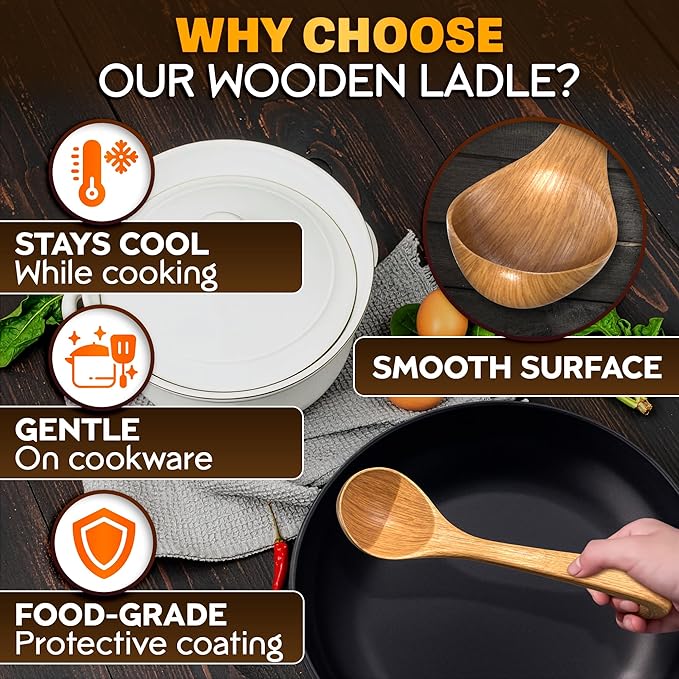 2 Pcs Wooden Ladle for Soup – 10.8×2.8" Bamboo Soup Ladle for Stews and Sauces with Deep 2.7 fl oz Capacity & Lacquer-Coated Finish – Wooden Cooking Spoons with Hook Handles for Kitchen & Catering