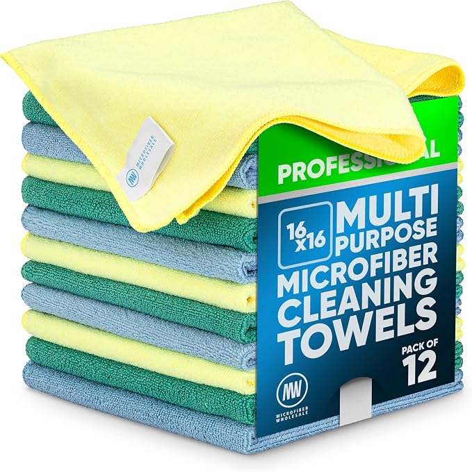MW Pro Microfiber Cleaning Cloth | Blue, Green, Yellow (12 Pack) | Size 16" x 16" | All Purpose Microfiber Towels - Clean, Dust, Polish, Scrub, Absorbent