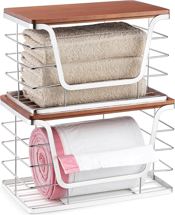 ALOCEO 2 Pack Stackable Storage Bins with Lids, Stainless Steel Extra Large Trash Bag Dispenser for Kitchen Sink, Laundry, Pantry Organizer and Storage, Fit 13/30/33 Gallon Garbage Bags, Walnut Sliver