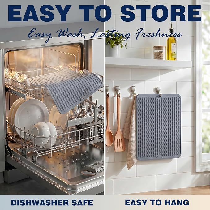 2 Pack Caketime Silicone Dish Drying Mat for Kitchen Counter Bathroom Under Sink Protector Faucet Drip Catcher Absorbent Liner Washer Dryer Countertop Organizer Drain Tray 12"x6" Light Gray
