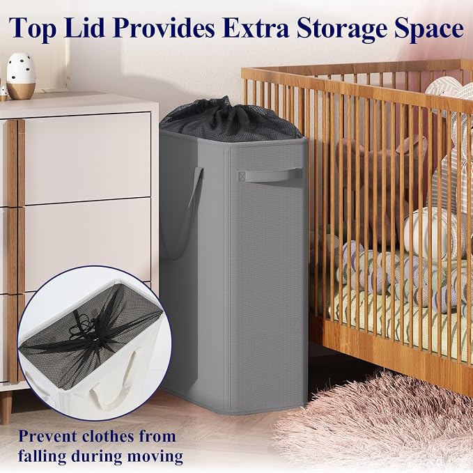 Optish 50L Slim Laundry Hamper, Small Laundry Hamper With Handles, Narrow Laundry Basket for Dorm, Bedroom, Living Room, Collapsible Laundry Basket, Grey