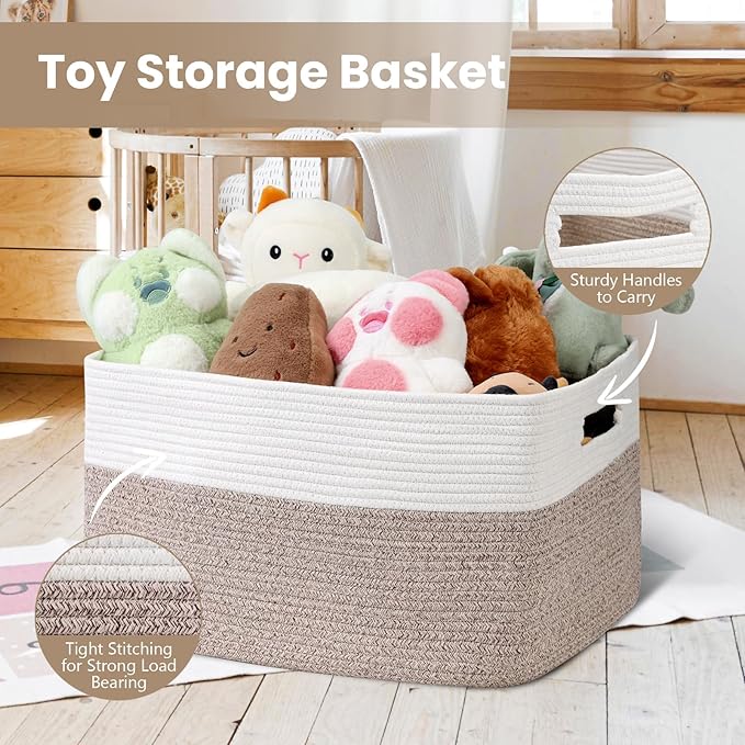 Optish 95L Large Blanket Basket, Woven Storage Baskets with Reinforced Handles, Rope Laundry Basket for Living Room, Bedroom, Nursery, Toys, Clothes,Pillows, 24” x 17” x 13.5”, White & Brown