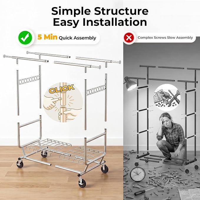 HOKEEPER Clothes Rack Heavy Duty Clothing Rack Load 650 LBS Collapsible Garment Rack with Wheels Double Rod Clothes Rack for Hanging Clothes Commercial Portable Closet Rack, 2 Packs 22" D*75" W*68" H