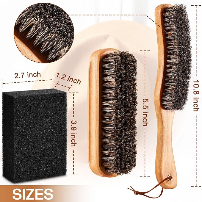 4 Pcs Horsehair Felt Hat Brush Kit with Cleaning Sponge Cowboy Clean Hat Wood Fedora Hat Cleaning Set Baseball Cap Lint Brush Remove Dust for Hair Furniture Suits Clothes(Style G)