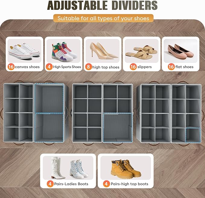 2 Pack Shoe Organizer for Closet, Foldable Shoe Storage with Adjustable | Farbic shoe storage organizer box bin with clear cover, fits up to 16 pairs, shoe storage box for closet, entryway, gray