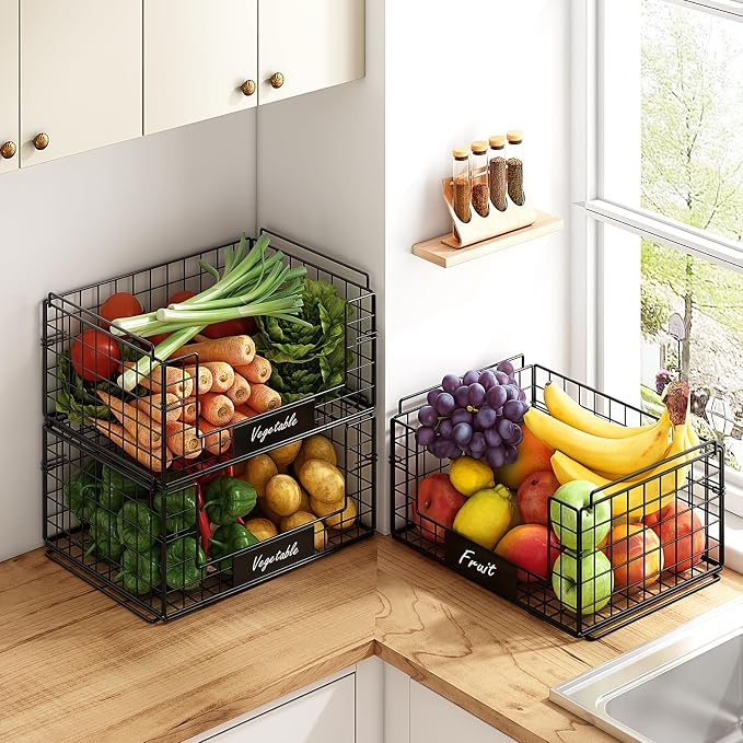 3 Pack XXL Stackable Wire Baskets with Handles & Name Plates | Pantry Organizers and Storage, Snack Organizer & Vegetable Basket & Metal Pantry Bin, Large Capacity, Durable and Sturdy
