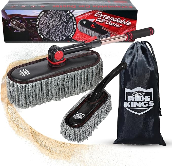 Car Duster Set, Microfiber, 3 Pcs | Lightweight telescoping pole for auto exterior. Sweeps dirt fast & is fully washable. Dash brush & storage bag included.