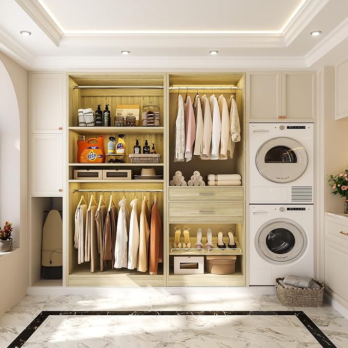 Unikito Closet System Set of 2, 5FT Closet Systems with 2 Wood Drawers, 61" Closet Organizer System with 3 Hanging Rods & 2 Shelves, Heavy Duty Walk-in Closet, White Oak (61" L x 16" W x 80" H)