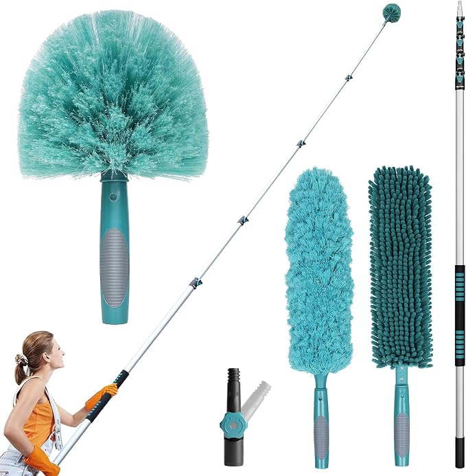 TelesPro 36 Foot High-Reach Duster Kit with 7-30FT Extendable Pole - High Ceiling Duster Cleaning Kit with Telescopic Pole,Cobweb Duster, Chenille Ceiling Fan Duster, Microfiber Feather Duster