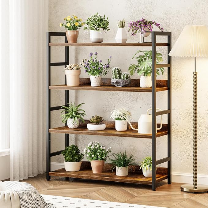 NUMENN Wide Bookshelf, 4 Tier Freestanding Shelving Unit, Vintage | Metal Frame & Wood Shelves, Falling Prevention Baffle, Open Storage Bookcase for Bedroom, Living Room & Home Office