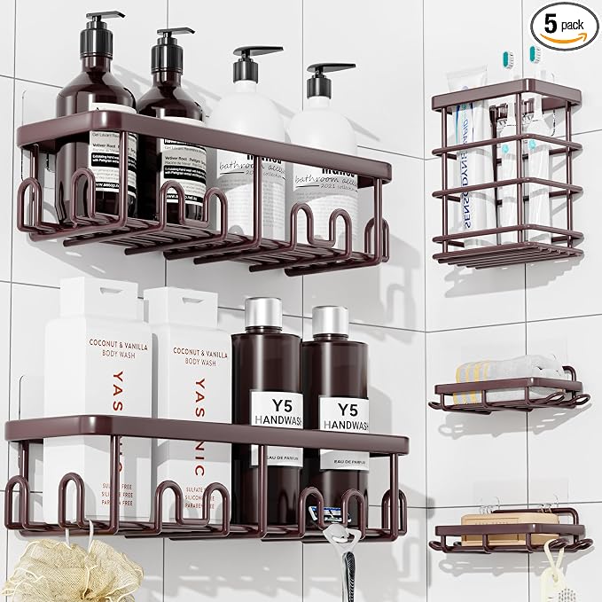 YASONIC Shower Caddy Adhesive, 100% Rustproof Shower Organizer with Soap and Toothbrush Holder, Large Capacity Shower Shelves for Inside Shower, No Drill Shower Storage for Home (5 Pack Bronze)