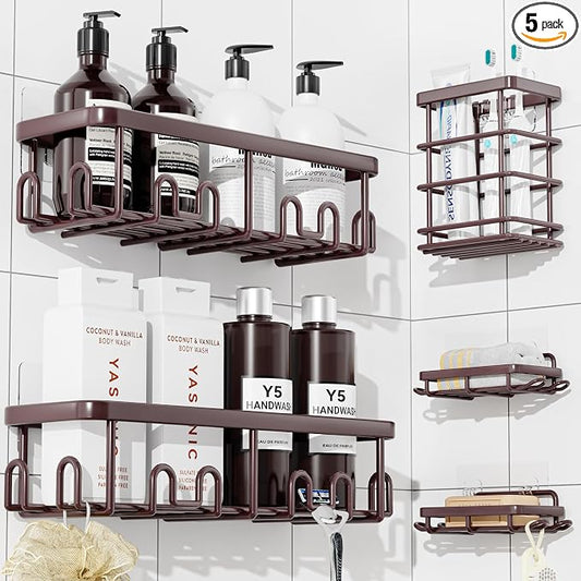 YASONIC Shower Caddy Adhesive, 100% Rustproof Shower Organizer with Soap and Toothbrush Holder, Large Capacity Shower Shelves for Inside Shower, No Drill Shower Storage for Home (5 Pack Bronze)