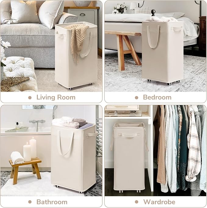 CHICVITA 75L Slim Collapsible Laundry Basket with Wheels & Wash Bag, Ivory | Removable wash bag, slim design for bedroom, laundry room, college dorm. Rolling clothes hamper for dirty laundry