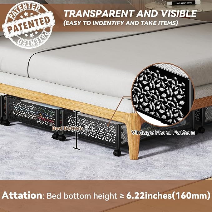 PHINOX Under Bed Storage with Wheels,Patterned,Sturdy Metal,4 Pack,Black | Tool-free assembly, glide smoothly, easy reach, foldable, maxmazie low-profile beds, dorm, keep seasonal clothes, shoes fresh