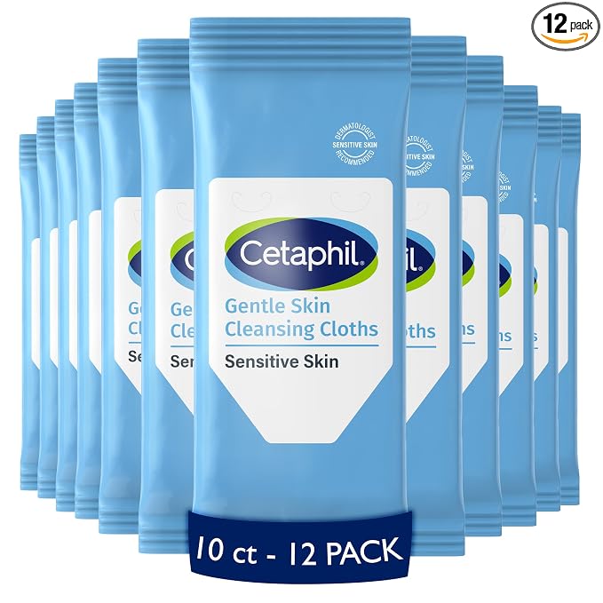 Cetaphil Face And Body Wipes, Gentle Skin Cleansing Cloths, For Dry, Sensitive Skin, Flip Top Closure, Great For The Gym, Travel, In The Car, Hypoallergenic, Fragrance Free, 10 Count (Pack of 12)