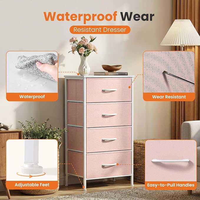 Sweetcrispy Dresser for Bedroom, 4 Drawer Storage Cabinet, Tall Nightstand | Small Fabric Dresser for Closet, Chest of Drawers, Closet Organizer, Home Furniture, Sturdy Frame, Pink