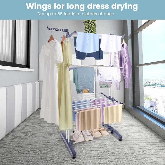Heavy Duty Clothes Drying Rack, 4-Tier Foldable Laundry Drying Rack 70" Tall, Freestanding Stainless Steel Drying Rack with Collapsible Base & 24 Hanging Rods for Clothing, Bed Linens, Towels - Gray