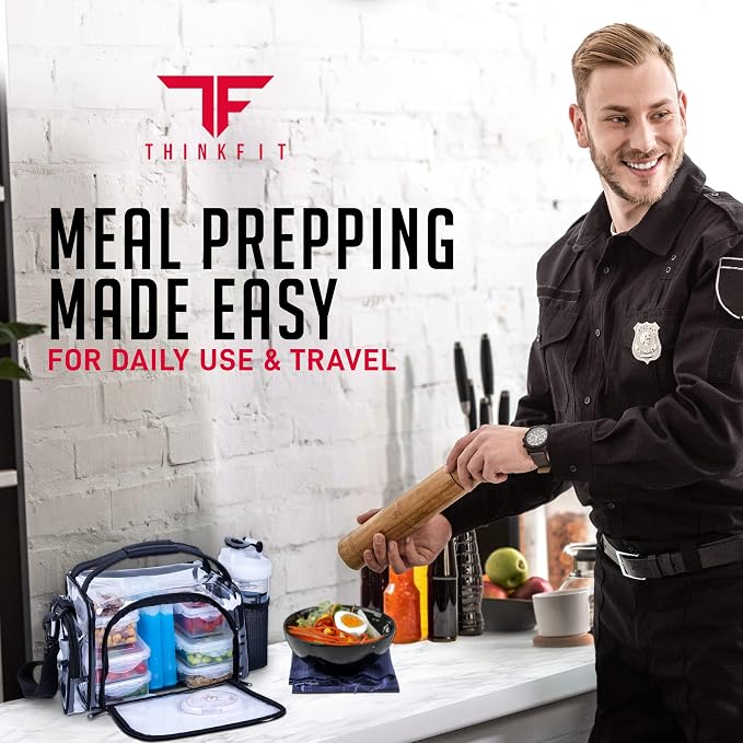 ThinkFit Clear Lunch Bag with 6 Meal Prep Containers - BPA-Free, Reusable, Microwave + Freezer Safe - With Shaker Cup and more! Clear Lunch Box - Transparent Bag for Work