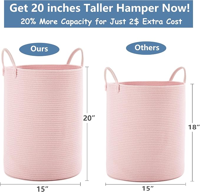 Pink Hamper Laundry Basket for Girls Kids Baby Nursery 60L Large | 15x20 Inches Woven Rope Hamper, Tall Nursery Storage Bin, Kawaii Bedroom Laundry Hamper