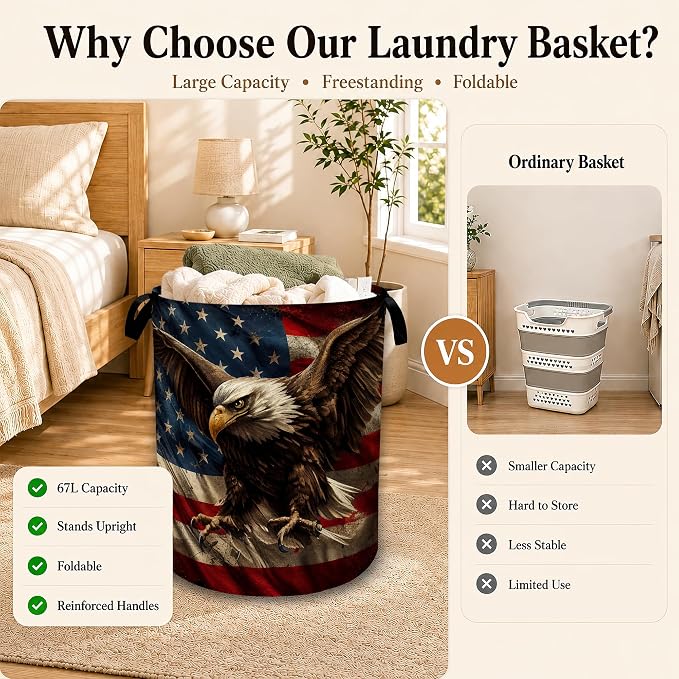Patriotic Eagle Flag Large Laundry Hamper, Collapsible Oxford Clothes Basket with Handles, Freestanding Dirty Clothes Organizer for Bedroom Bathroom Dorm Laundry Room, 16 x 20.8 Inch