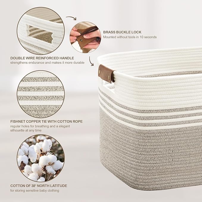 100L Large Woven Laundry Basket Hamper with Leather Handles,Brown | collapsible wicker hamper, storage for dirty clothes, toys, blankets, gifts, living room, bedroom, bathroom, 24"x16"x16"