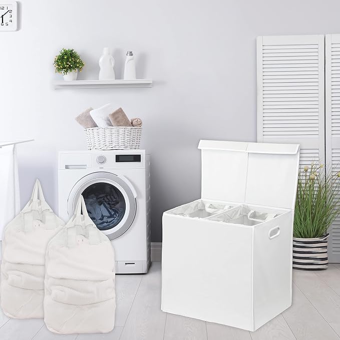 Simple Houseware Double Laundry Hamper with Lid & Removable Bags, White