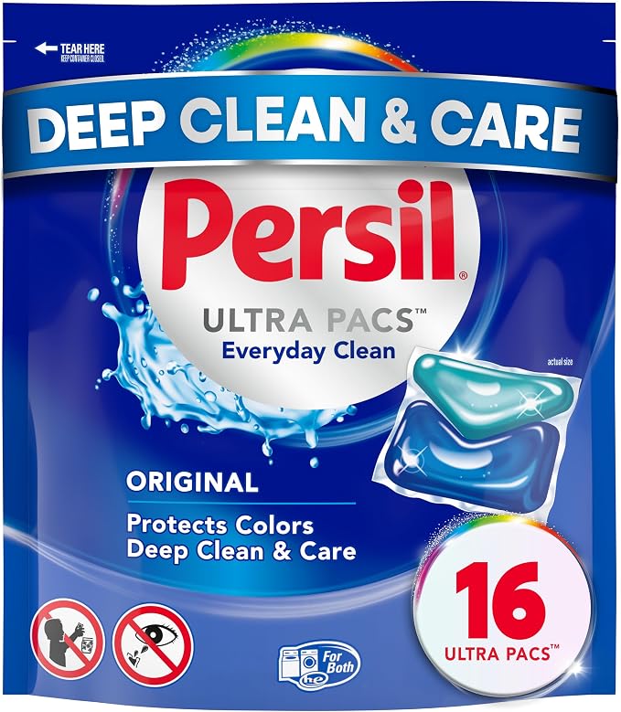 Persil Ultra Pacs Original Everyday Clean Laundry Detergent, 16 Count, No Mess, Single-Dose Laundry Soap, Deep Clean Fabric Care for Colors & Whites, All Water Temperatures, HE Safe