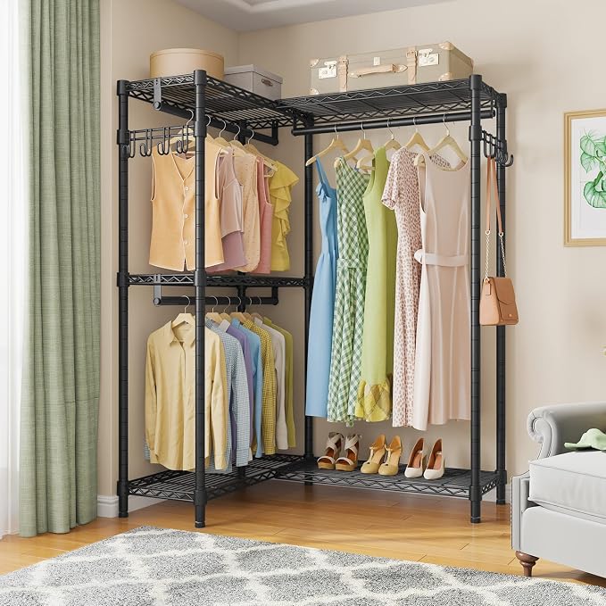 VIPEK L4 Clothes Rack L Shaped Garment Rack for Corner, 810lbs Heavy Duty Portable Closet Metal Clothing Rack, Adjustable Shelving/Sturdy Hanging Rods/Side Hooks, Black