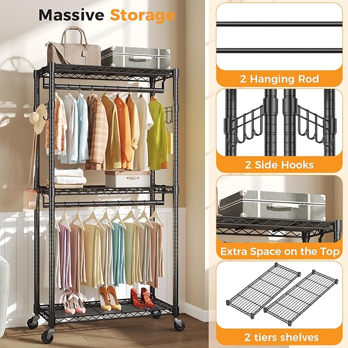 NEWBULIG Heavy Duty Clothing Rack with Wheels, 3-Tier Adjustable Wire Garment Rack, Metal Freestanding Closet Organizer System with Double Hanging Rods & 8 Side Hooks, 35" x 15" x 75", Black