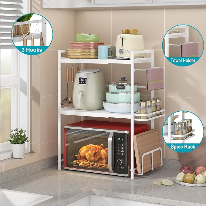 Expandable Microwave Stand Kitchen Countertop Organizer With Storage, White | Adjustable Microwave Oven Rack Metal Storage Shelf for Pans Small Appliances Kitchen Utensils Tableware, 3-Tier