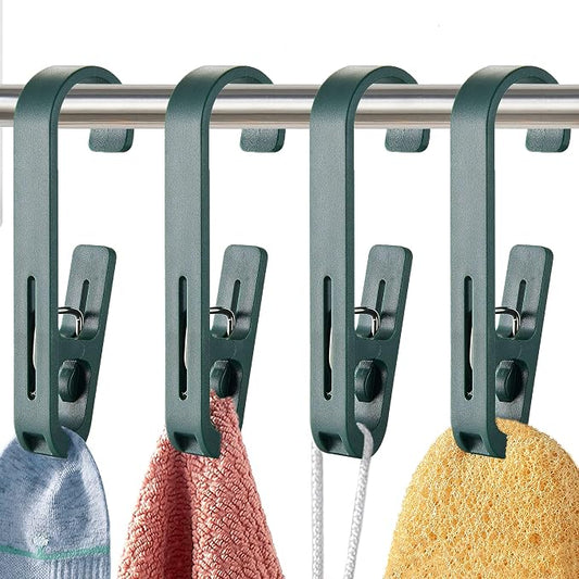 Laundry Hooks with Clips Hanger Closet Organizer Clamps Socks Boot Bras Towels for Bathroom Wardrobe Kitchen Office 4Pcs (Green)