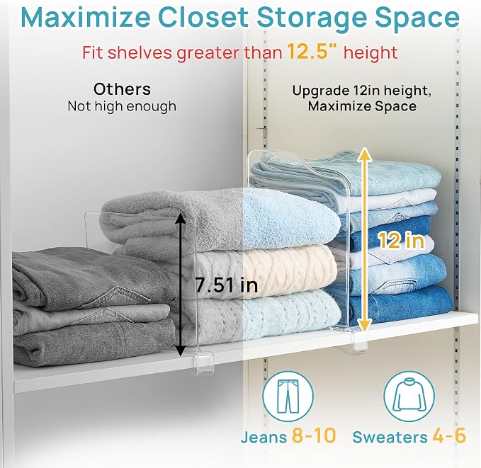 Vtopmart 12" Extra Tall x 12" Deep Shelf Dividers for Closet Organization, 4 Pack Clear Closet Organizers for Deep Shelves, Maximizing Vertical Space for Sweaters, Jeans and Clothes Storage