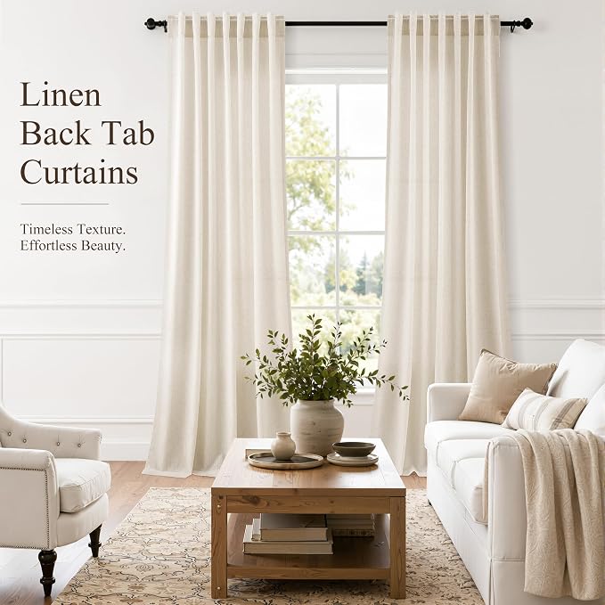 Hokibero Cream Linen Curtains 120 Inches Long for Living Room 2 Panels | Light Filtering Semi Sheer Curtain, Back Tab Rod Pocket Pleated Look, Beige Window Drapes for Bedroom Privacy, Boho Farmhouse